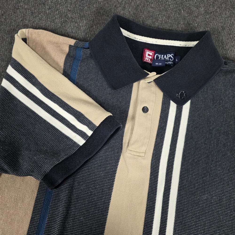Chaps Ralph Lauren Mens Large Polo Shirt Colorblock Striped‎ Cotton Navy